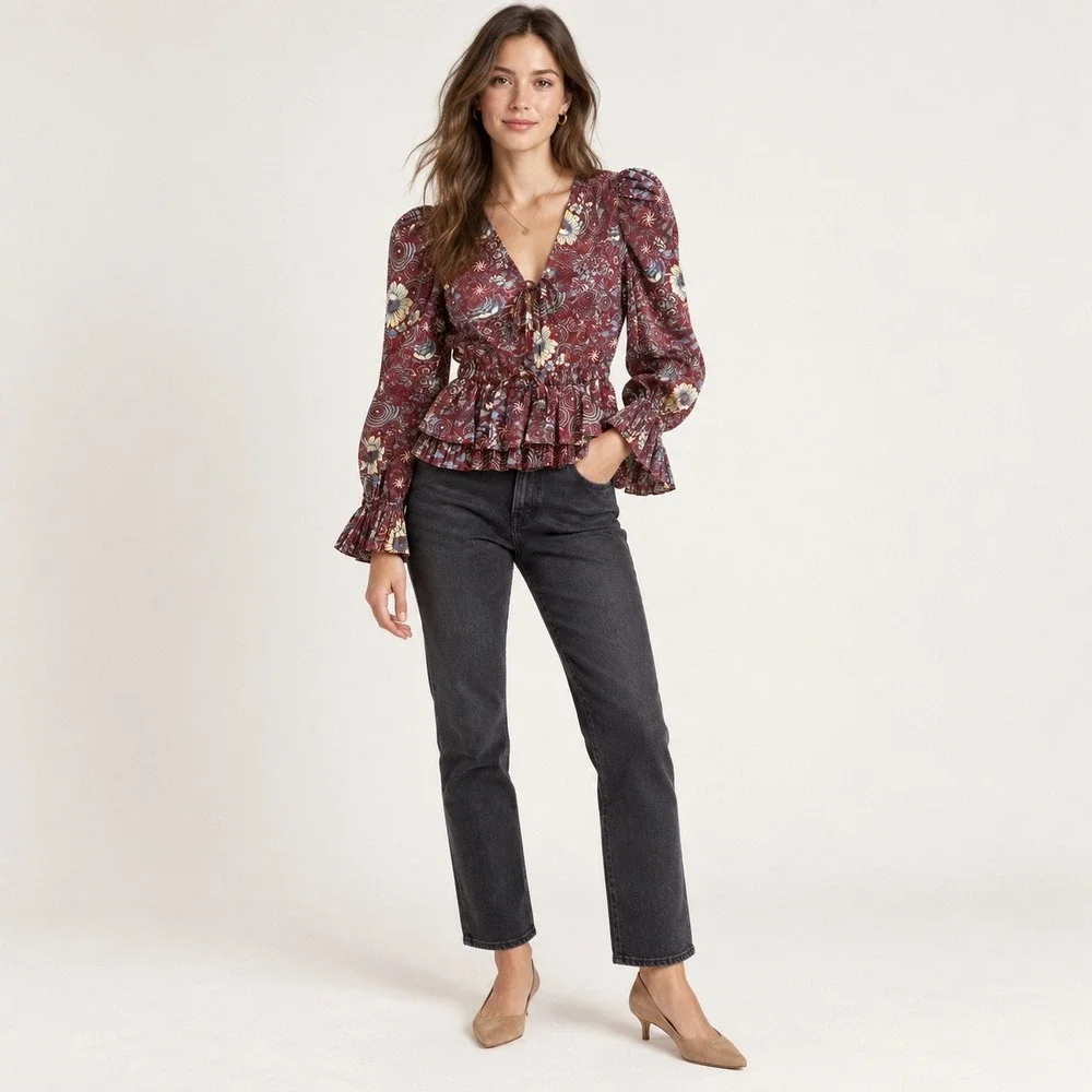 Ulla Johnson Womens 2 Ren Blouse Heliotrope Floral Peplum Victorian Cottagecore